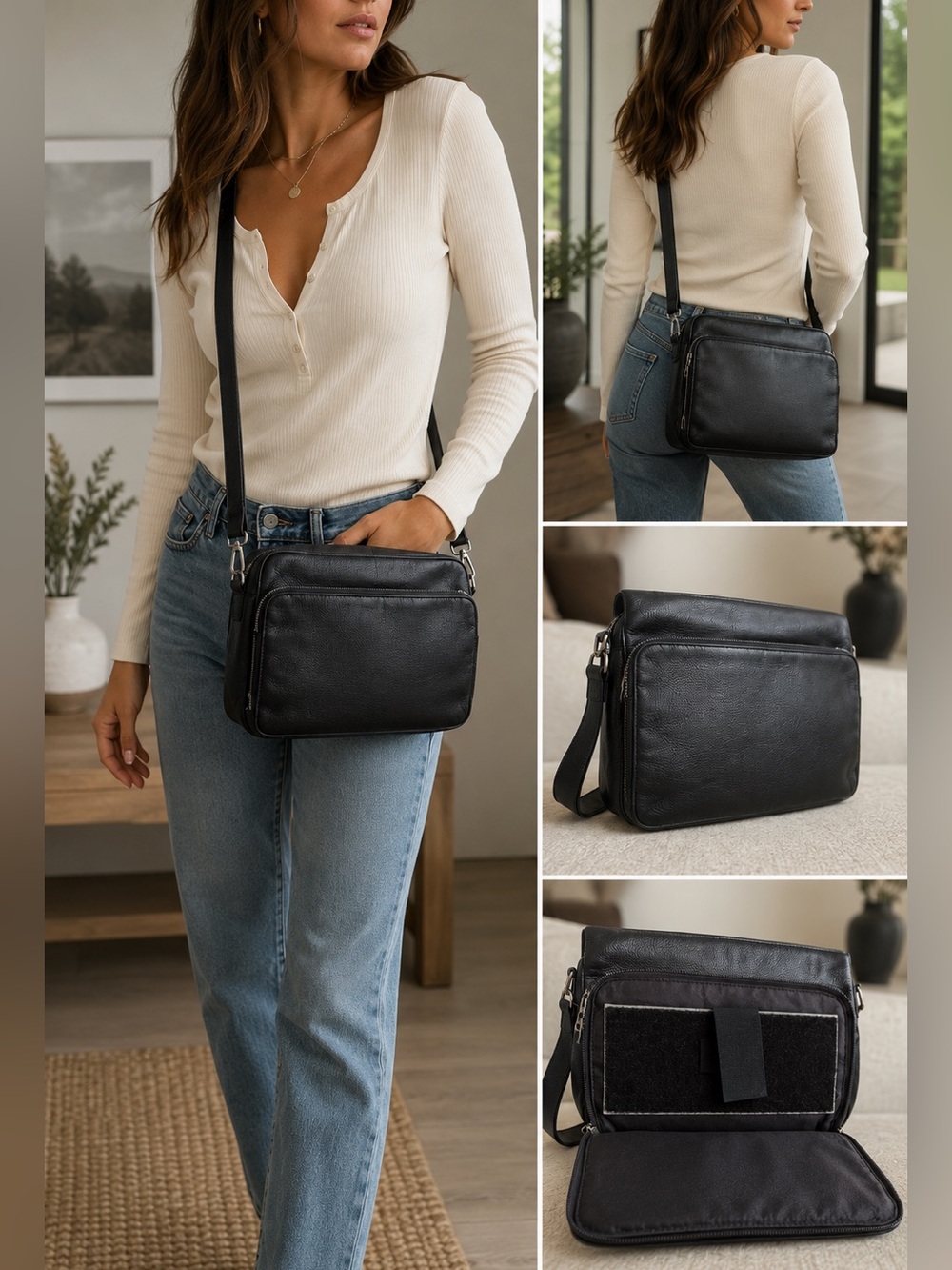 Black Genuine Leather CCW Compatible‎ Crossbody Messenger Bag Minimalist